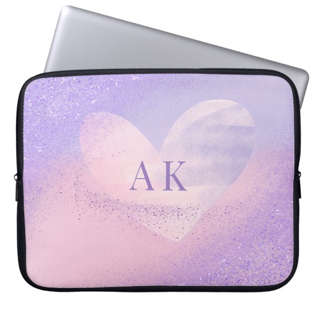 Monogram lila rosa gradient hjärta laptopsleeve laptop fodral (Framsidan)