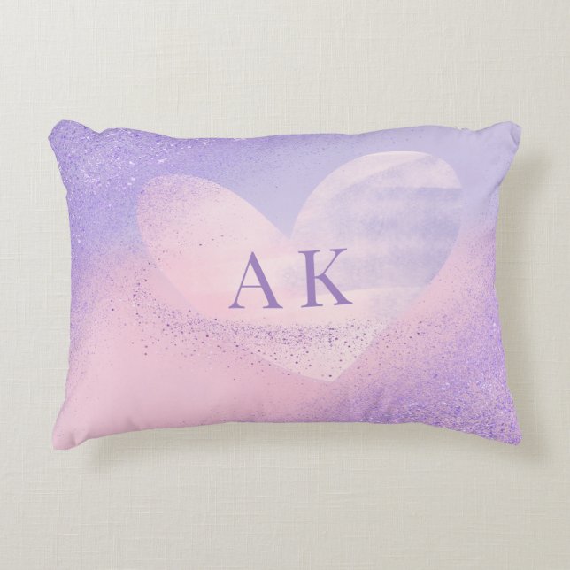 Monogram lila rosa gradient hjärta prydnadskudde (Framsidan)