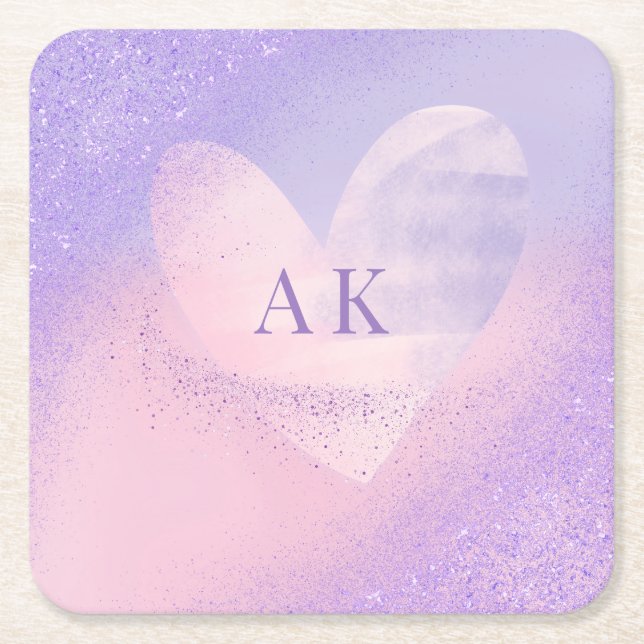 Monogram Lila Rosa Gradient Hjärta  Underlägg Papper Kvadrat (Framsidan)