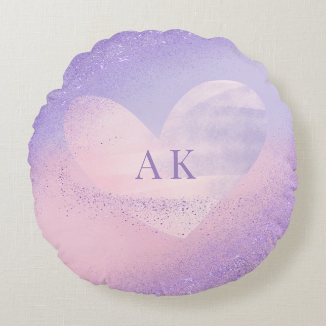 Monogram lila rosa gradienthjärta rund kudde (Framsidan)