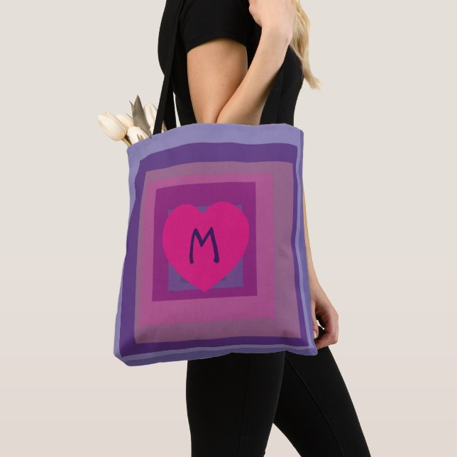 Monogram Lila Rosa Heart Lavender Square Mönster Tygkasse (Närbild)