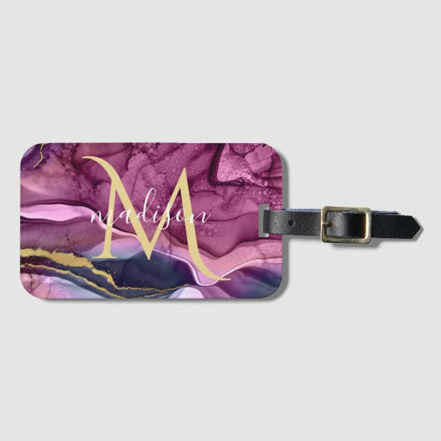 Monogram Lila Rosa och Guld Agat Geod Bagagebricka (Framsida horisontal)