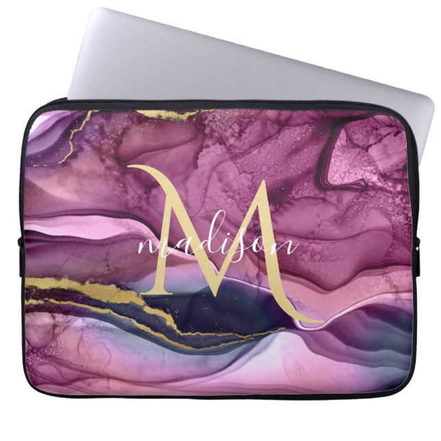 Monogram Lila Rosa och Guld Agat Geod Laptop Fodral (Framsidan)