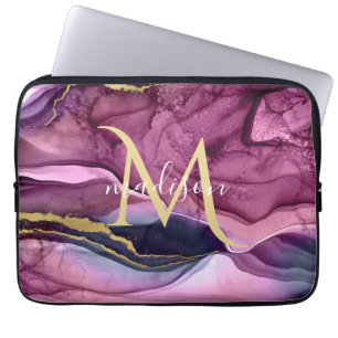 Monogram Lila Rosa och Guld Agate Geode Laptop Fodral