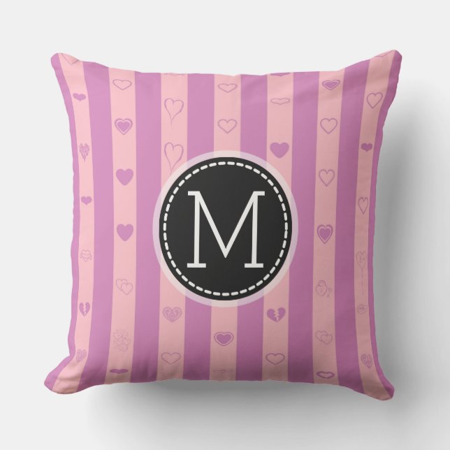 Monogram Lila Rosa Rand Modern Heart Mönster Kudde (Framsida)