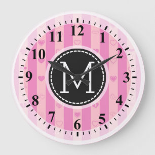 Monogram Lila Rosa Rand Modern Heart Mönster Stor Klocka