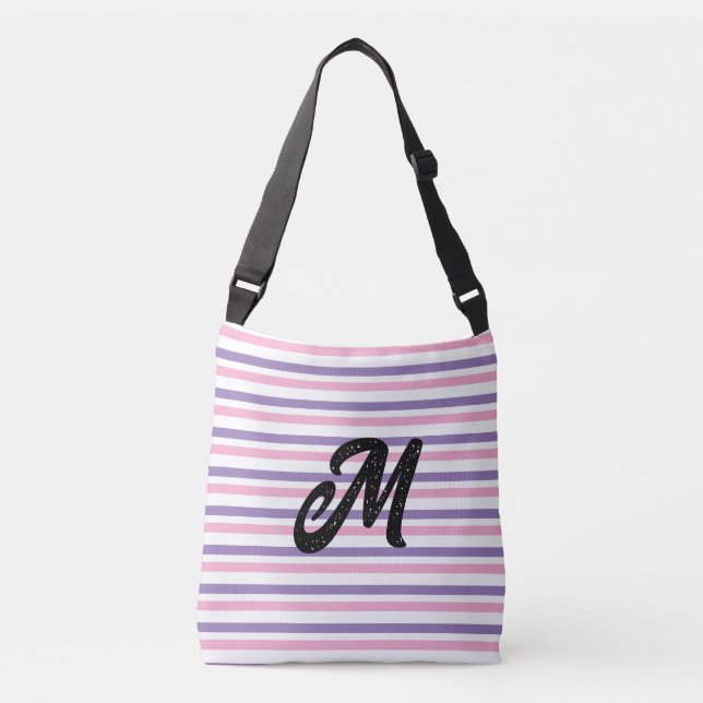 Monogram Lila Rosa Vita Ränder Axelväska (Framsida)