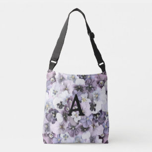 Monogram Lila Rosa White Pansies Vintage Teckning Axelväska
