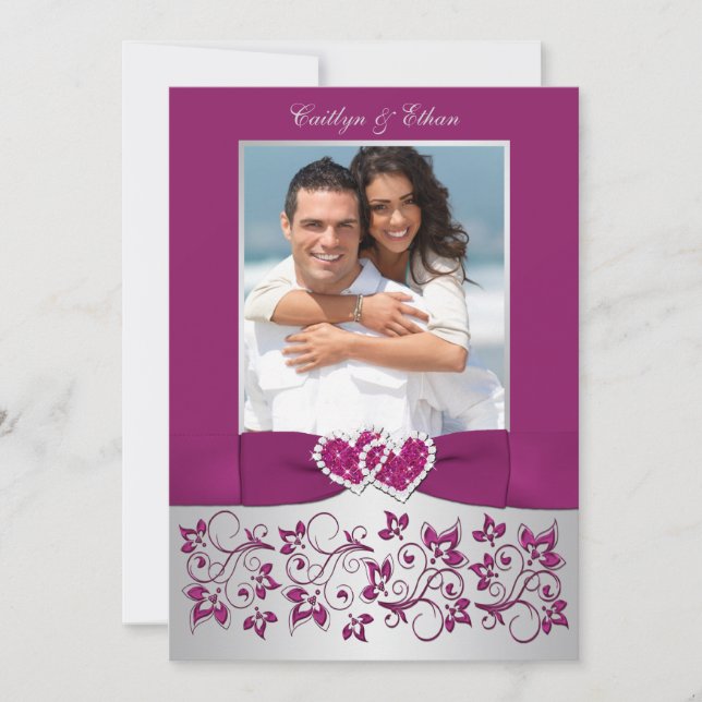 Monogram Lila Silver Blommig FOTO Bröllopsinbjudan Inbjudningar (Framsida)