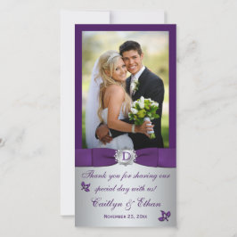 Monogram Lila, Silver Blommigt Bröllop-fotokort Tack Kort