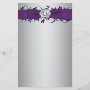 Monogram Lila, Silver Blommigt Bröllop Stationery Brevpapper