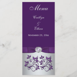 Monogram Lila, Silver Grått Blommigt-menykort Meny