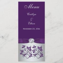 Monogram Lila, Silver Grått Blommigt-menykort Meny