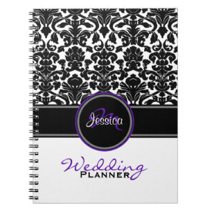 Monogram lila svart vit Damask bröllopsplanläggare Anteckningsbok Med Spiral