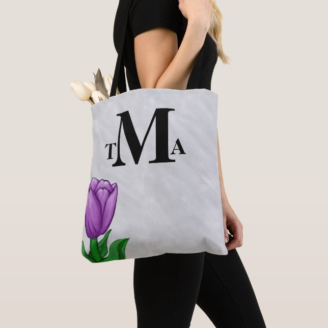 Monogram Lila Tulpan Kolgrå Akvarell Tygkasse (Närbild)