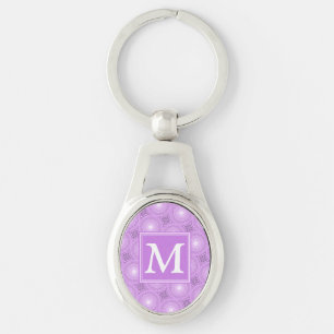 Monogram lilax lila circles mönster ovalt silverfärgad nyckelring