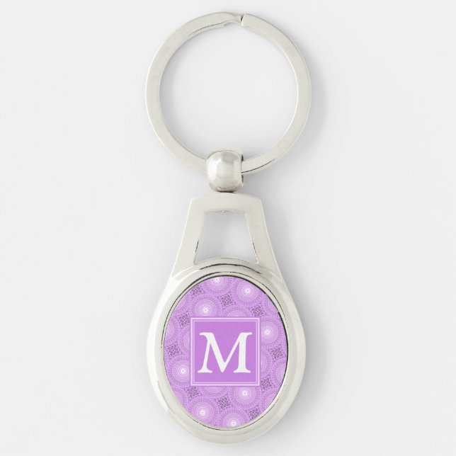 Monogram lilax lila circles mönster ovalt silverfärgad nyckelring (Framsidan)