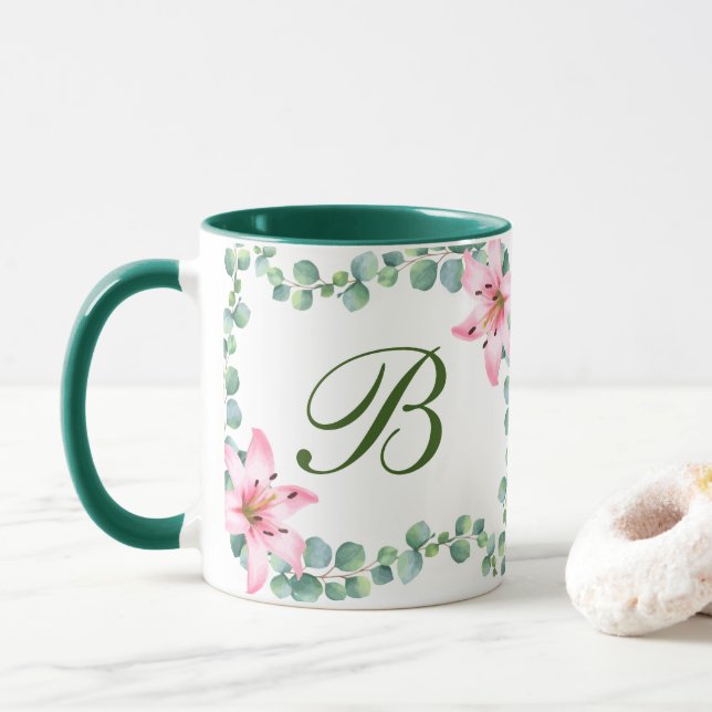 Monogram Lily Flower Mönster-kaffe Mugg (Med munk)