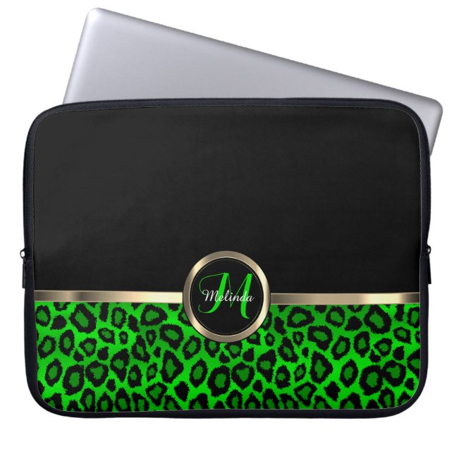 Monogram Lime and Black Leopard med Guld-accent Laptop Fodral (Framsidan)