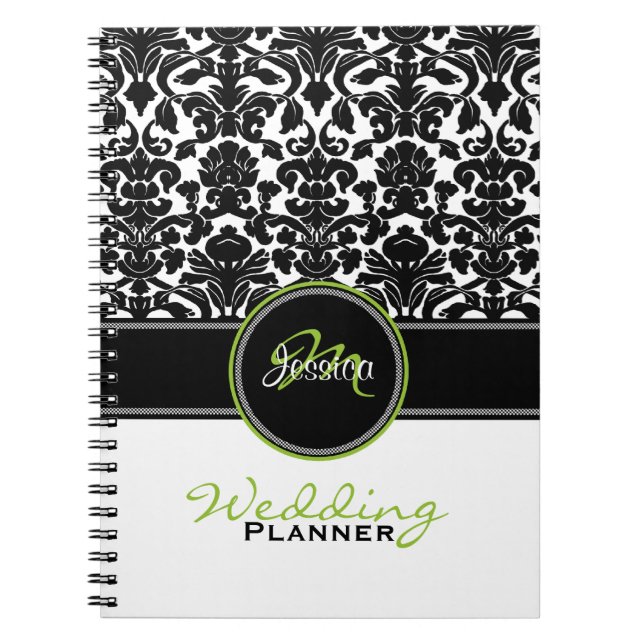Monogram Lime Black White Damask Wedding Planner Anteckningsbok Med Spiral (Framsidan)