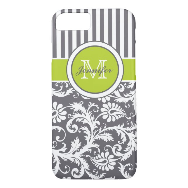 Monogram Lime Grått White Stripe Damask Case-Mate iPhone Skal (Baksida)