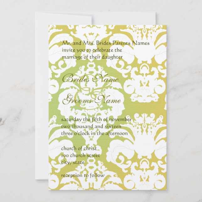 Monogram Lime Light Guld Damask Wedding bjudande Inbjudningar (Framsida)