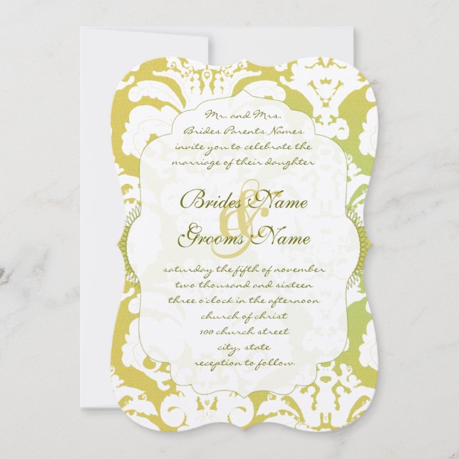 Monogram Lime Light Guld Damask Wedding bjudande Inbjudningar (Framsida)