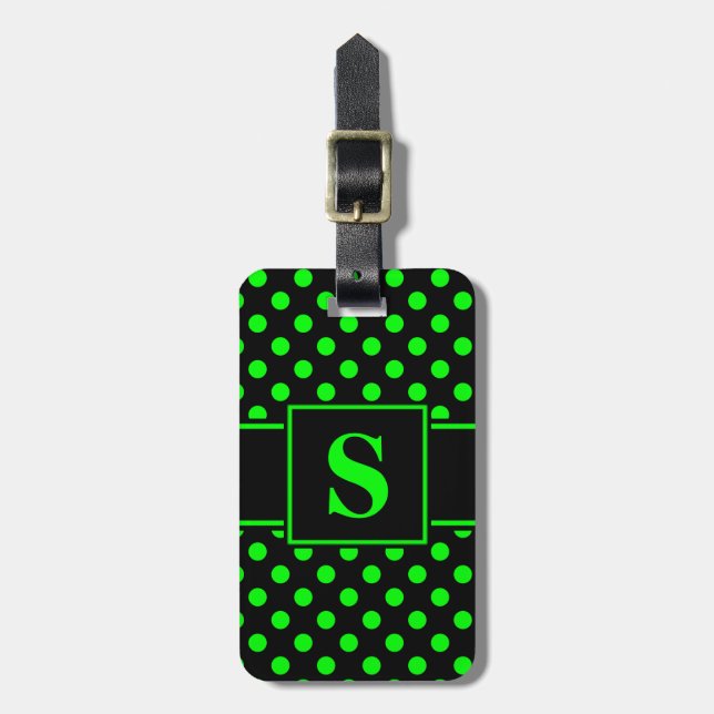 Monogram Limegröna prickar på svart Bagagebricka (Vertikal Framsida)