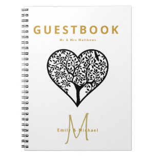Monogram Livets träd Bröllop Guest Bok Guld Blac Anteckningsbok