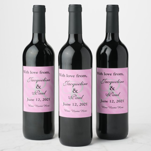 Monogram Ljus Rosa Akvarell Bröllop Tack Vinflaska Etikett (Flaskor)