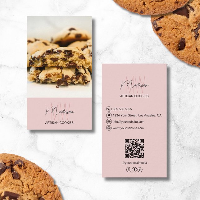 Monogram Logotyp Bakery QR-Rosa Visitkort (Monogram Logo Bakery QR Pink Business Card)