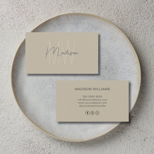 Monogram Logotyp Beige Modern Social Media Icons Visitkort (Monogram Logo Beige Modern Social Media Icons Business Card)