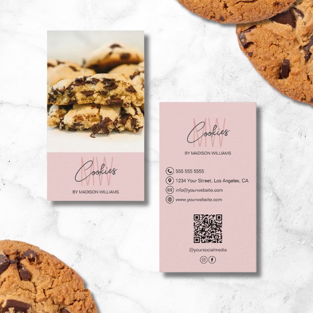 Monogram Logotyp Cookies Bakery Photo QR Rosa Visitkort (Monogram Logo Cookies Bakery Photo QR Pink Business Card)