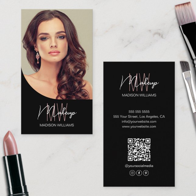 Monogram Logotyp Photo Makeup Artist Black Visitkort (Monogram Logo Photo Makeup Artist Black Business Card)