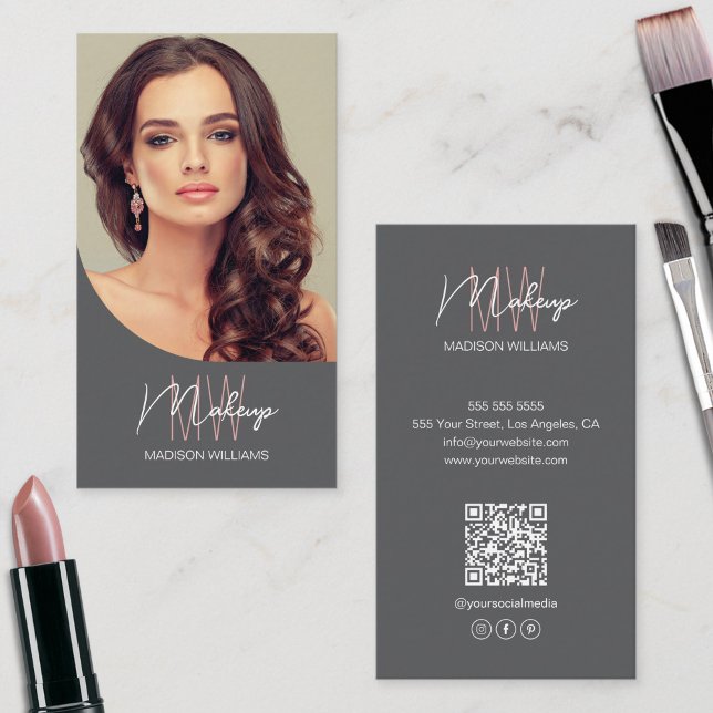 Monogram Logotyp Photo Makeup Artist Grått Visitkort (Monogram Logo Photo Makeup Artist Gray Business Card)