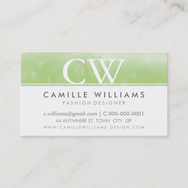 MONOGRAM-LOGOTYP, vit vattenfärgsgrönt i kombiform Visitkort (Framsida)