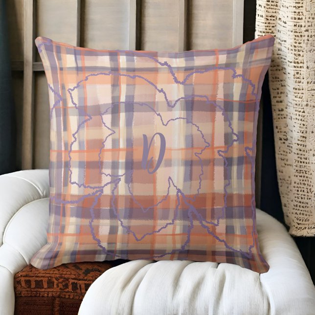 Monogram löv tartan faller beige orangens lila kudde (Skapare uppladdad)