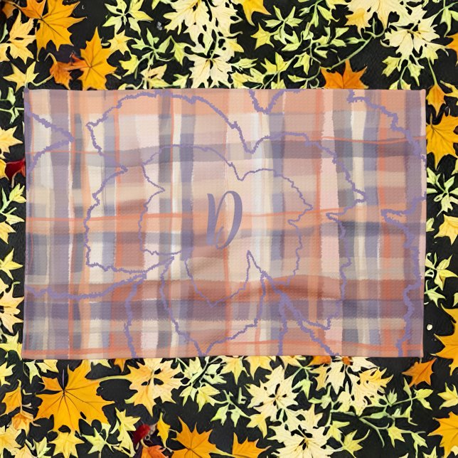 Monogram löv tartan plaid beige orange lila kökshandduk (Skapare uppladdad)