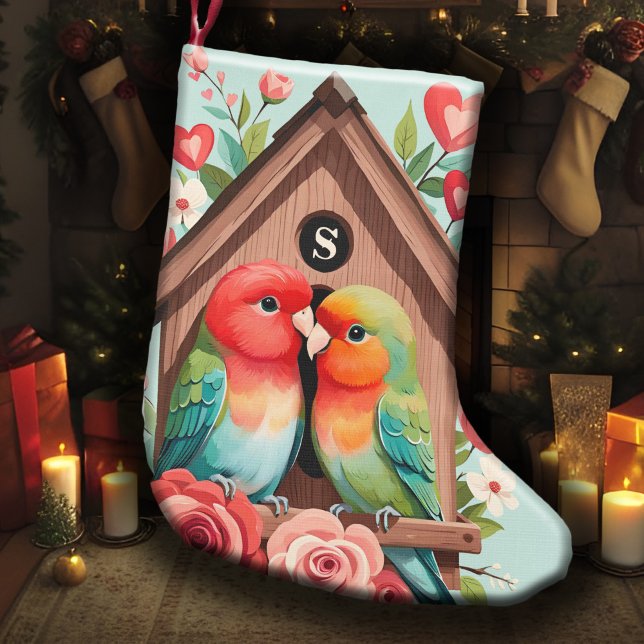 Monogram Lovebird par Birdhouse & Heart Pastel Liten Julstrumpa (Couples' monogrammed Christmas stocking with lovebirds, cozy birdhouse, pastel hearts & flowers)