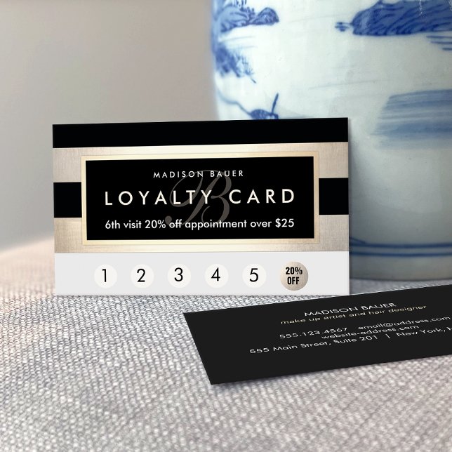 Monogram Loyalty 6 Slår Guld och Svarta Rand Lojalitetskort (Skapare uppladdad)