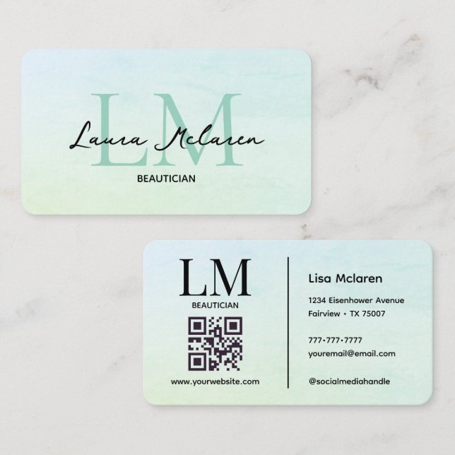 Monogram Luxe Aesthetics Mint Pastel QR-kod Visitkort (Fram/baksida)
