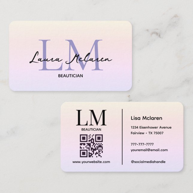 Monogram Luxe Estetik Pastellfärger QR-kod Visitkort (Fram/baksida)