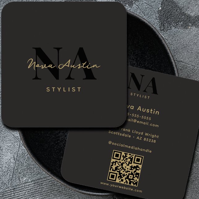 Monogram Luxe Trendig Aesthetic Guld Black QR-kod Fyrkantigt Visitkort (Skapare uppladdad)