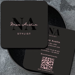 Monogram Luxe Trendig Aesthetic Rosa Black QR-kod Fyrkantigt Visitkort