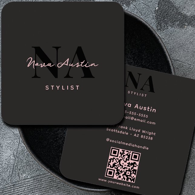 Monogram Luxe Trendig Aesthetic Rosa Black QR-kod Fyrkantigt Visitkort (Skapare uppladdad)
