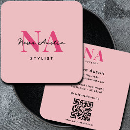 Monogram Luxe Trendig Aesthetic Shock rosa QR Code Fyrkantigt Visitkort