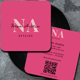 Monogram Luxe Trendig Aesthetic Shock rosa QR Code Fyrkantigt Visitkort