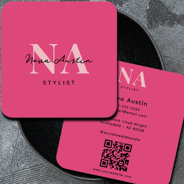 Monogram Luxe Trendig Aesthetic Shock rosa QR Code Fyrkantigt Visitkort (Skapare uppladdad)