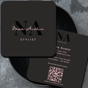 Monogram Luxe Trendig Estetisk Rosa Svart QR-kod Fyrkantigt Visitkort