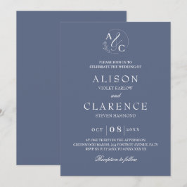 Monogram Luxury Blue Bröllop Inbjudningar